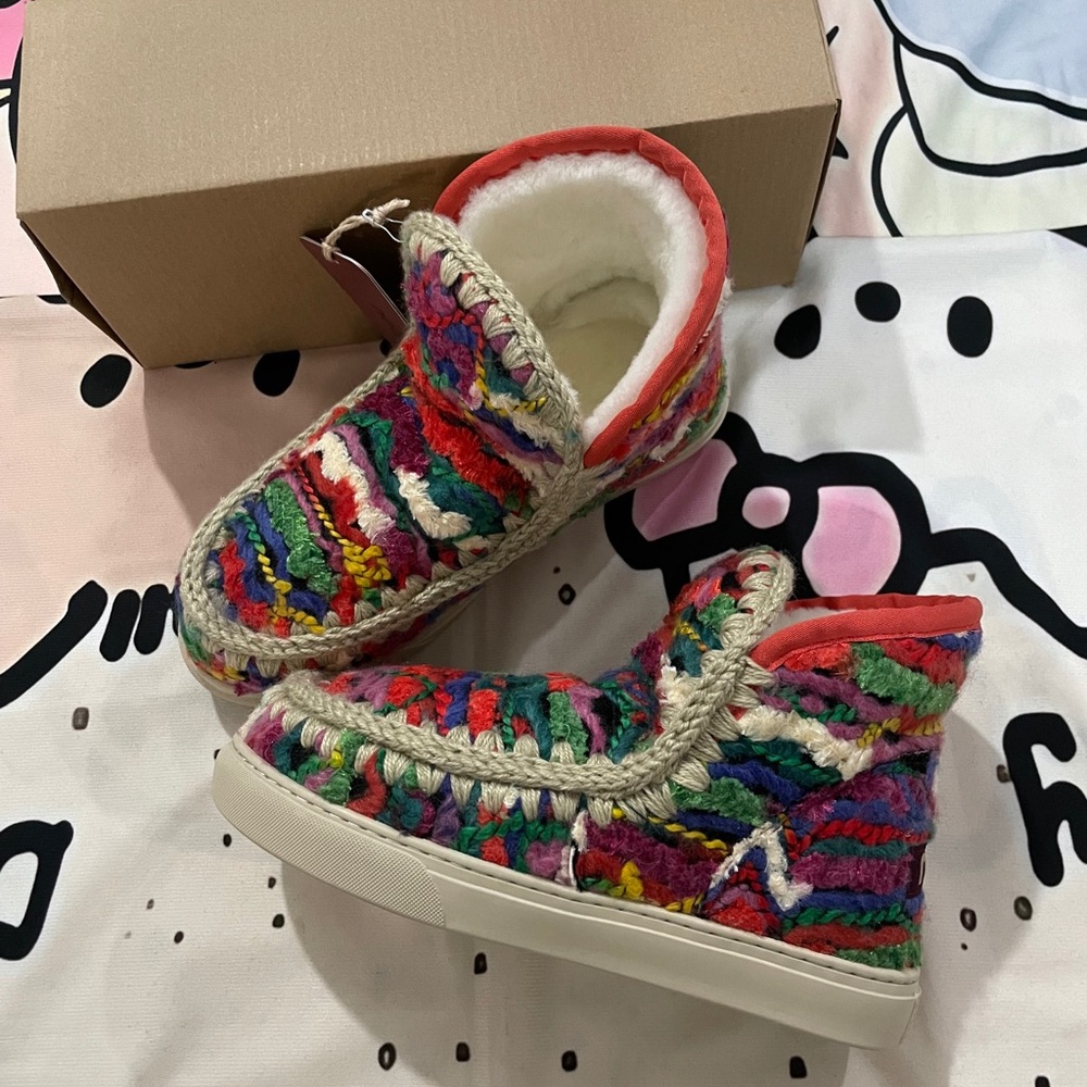 Mou Multicolor Knit Ankle Booties with Red Trim